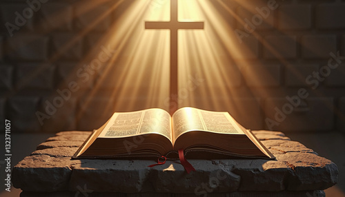 a sacred Bible placed on a stone altar, illuminated by heavenly beams of light breaking through the darkness