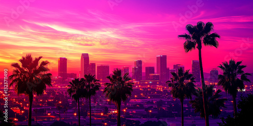 Retro-futuristic synthwave cityscape. glowing neon sunset. 80s-style. Nostalgic digital art with vibrant purples pinks. Banner cover poster background placard flier website. for. Generative Ai content