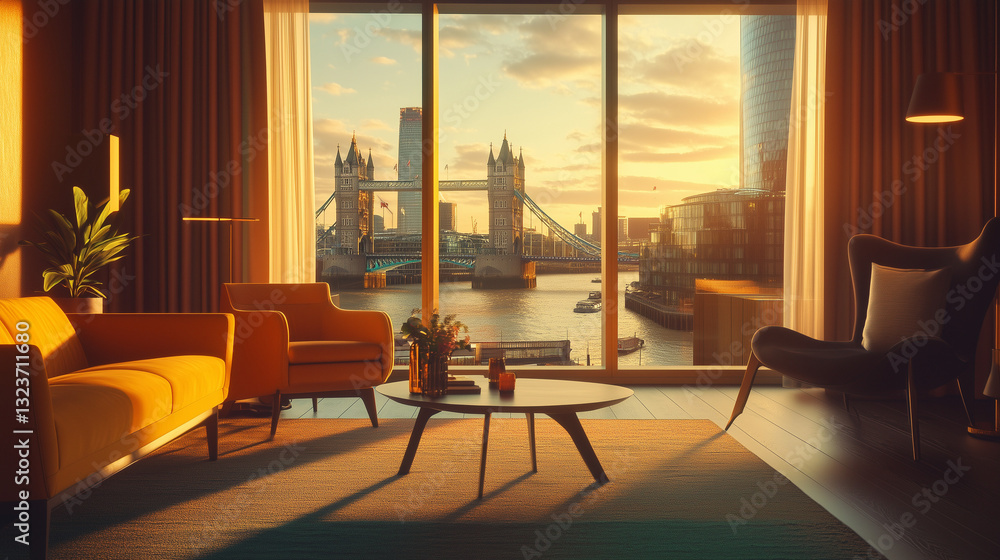 Fototapeta premium Luxury Living Room with Tower Bridge View at Sunset in a Chic London Apartment