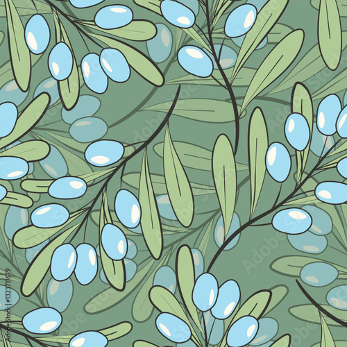 Seamless pattern with sea buckthorn. Natural fresh ripe tasty berries. Vector illustration for background, packaging, textile, fabric and various other designs.