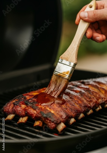 Close-up of barbecue ribs on grill with hand applying BBQ sauce using brush