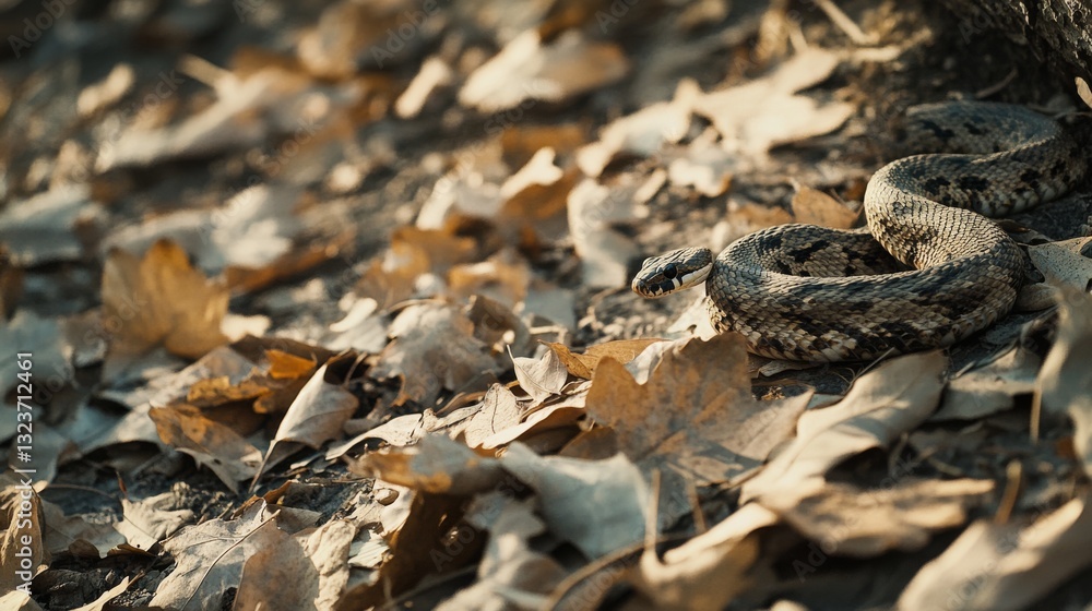 A camouflaged snake rests among dried leaves on the forest floor, perfectly blending with its surroundings. A camouflaged snake rests among dried leaves on the forest floor, perfectly blending with its surroundings.