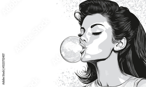 Retro woman blowing bubblegum, monochrome, flat icons set, vector.