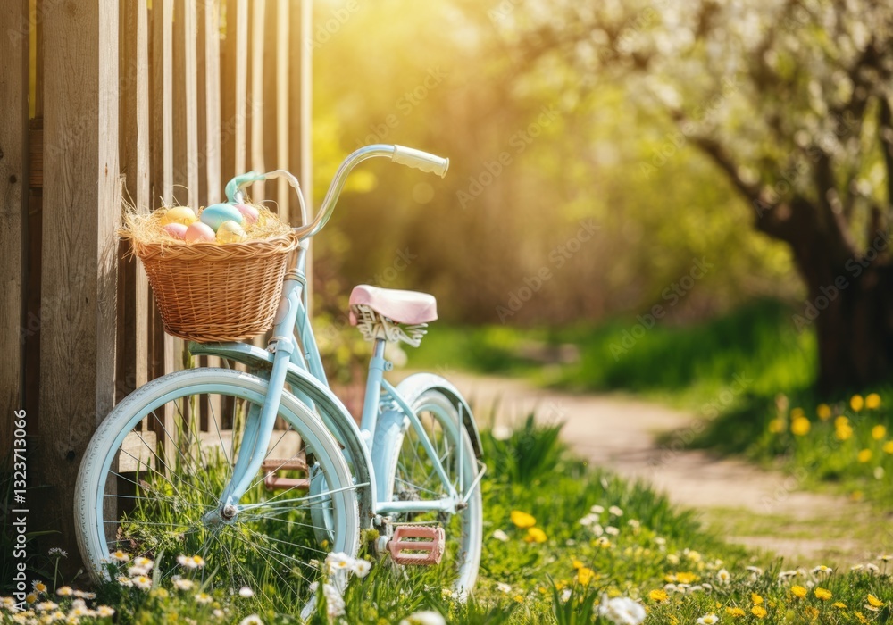 Fototapeta premium Vintage blue bicycle with Easter basket on sunny spring pathway