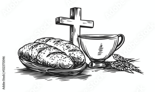 Christian communion elements with bread, chalice, and cross - linear icons set, vector.