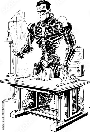 SVG vector features Frankenstein as a mechanical cyborg. Futuristic Robot in Laboratory with Scientific Equipment