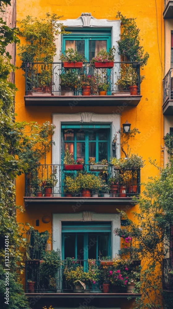 Fototapeta premium Colorful apartment balconies adorned with vibrant plants