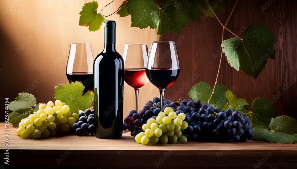 Fototapeta premium A composition featuring wine glasses and a bottle placed on a wooden surface, complemented by fresh grapes, creating a rustic yet elegant atmosphere with natural textures