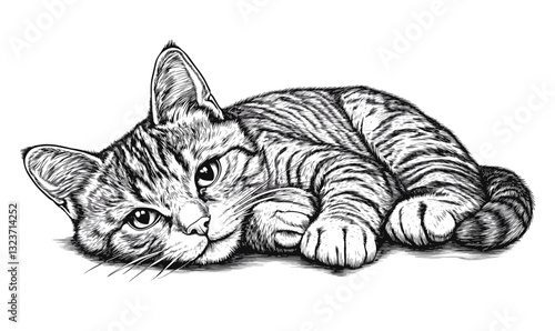Relaxed tabby cat lying down in black and white, vector style, linear icons set.