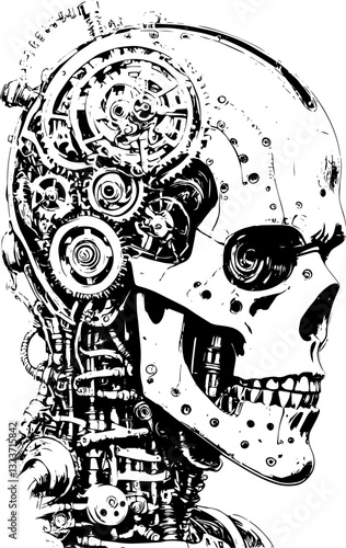 SVG vector features Frankenstein as a mechanical cyborg. Futuristic Mechanical Skull Design with Intricate Details