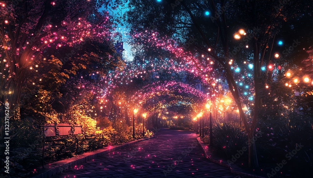 Fototapeta premium Side view of an urban park, enchanted fairies dancing above, fairy lights weaving through everyday life, a surreal harmony