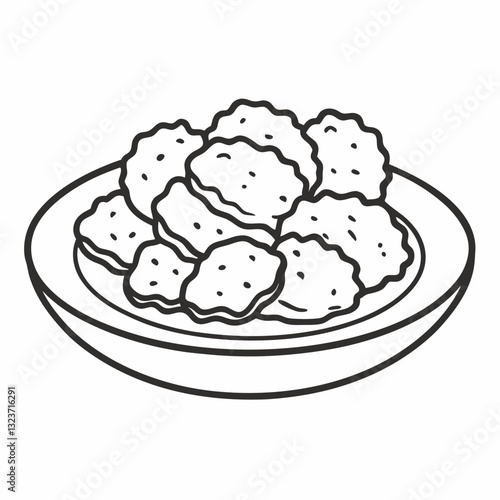 Hand Drawn Illustration of Chicken Nuggets on a Plate Black and White  Art