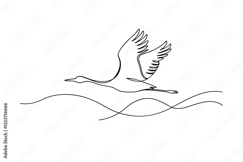 Fototapeta premium Elegant Crane Bird in Flight Over Wavy Ocean Line Art