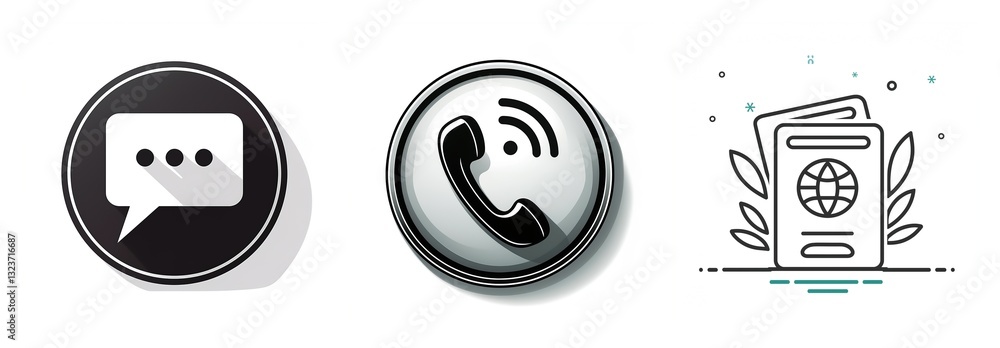 Three icons are displayed: a black speech bubble with dots, a phone receiver with sound waves, and passports with a globe, representing communication and travel documents. Three icons are displayed: a black speech bubble with dots, a phone receiver with sound waves, and passports with a globe, representing communication and travel documents.