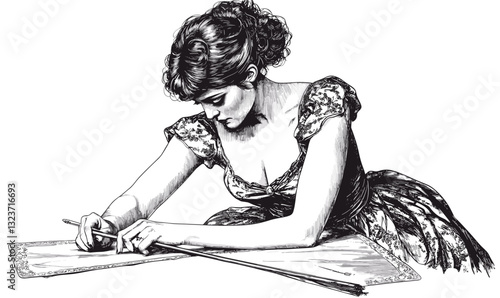 Elegant woman writing with pen and paper, classic art style, black and white linear icons set, vector.