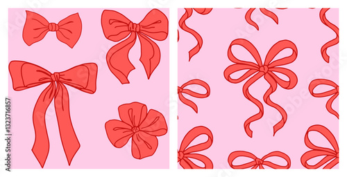 Coquette Greeting card templates set with Bows. Cute Vector illustration of Arch frames on Pink, Green striped and dots background. Hand-Drawn Girly bows letter writing stationery.