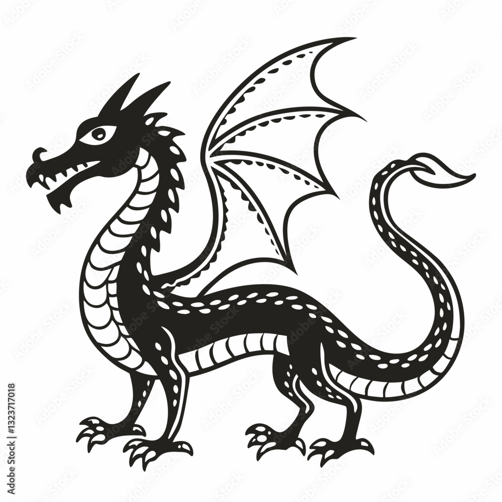 Fototapeta premium Medieval Dragon Illustration Black and White Art of Mythical Creature