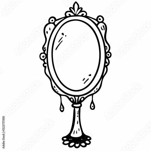 Vintage Oval Hand Mirror Illustration with Ornate Frame and Stand