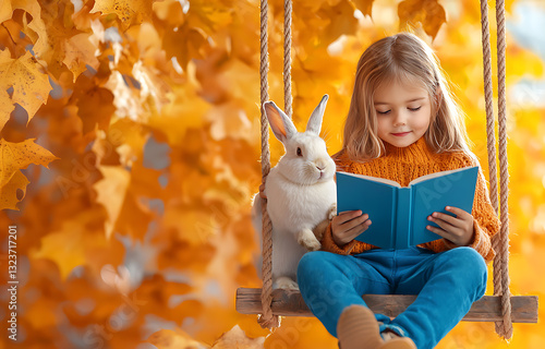 Child reading a book with a rabbit in autumn outdoor swing cozy setting warm atmosphere
