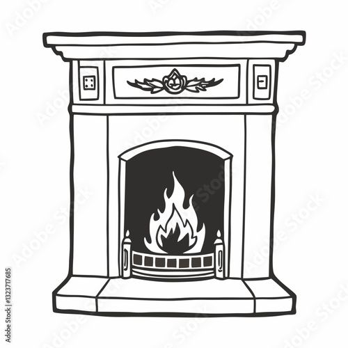 Charming Vintage Fireplace Illustration with Intricate Detailing in Black and White