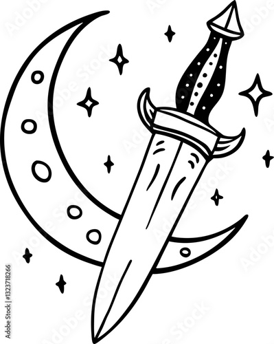 Mystical Dagger and Crescent Moon with Stars Illustration