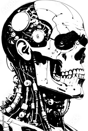 SVG vector features Frankenstein as a mechanical cyborg. Futuristic Robotic Skull Design with Mechanical Elements