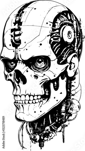 SVG vector features Frankenstein as a mechanical cyborg. Futuristic Robotic Skull Design in Monochrome Style