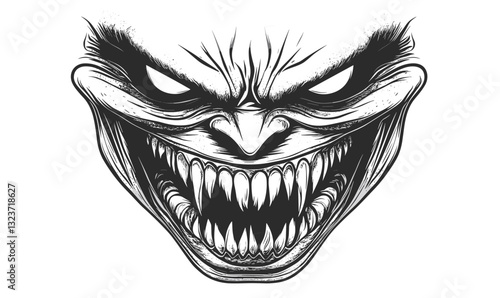 Creepy monster face with sharp teeth, grinning skull, aggressive character - linear icons set vector.