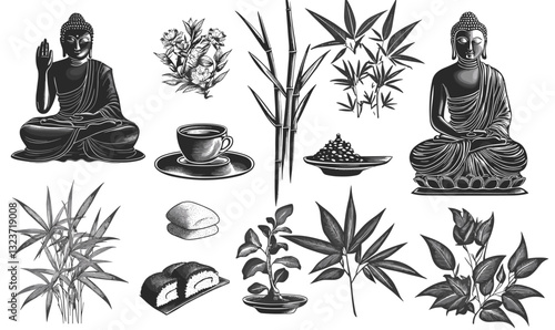 Buddha meditation and nature elements flat icons set - vector art collection in black and white.