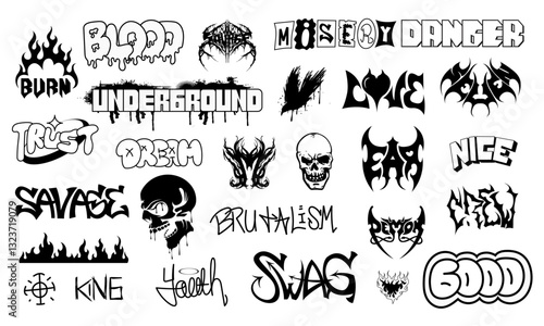 Hand drawn Hip-Hop graffiti doodle set and street art tags vector icons collection set. Hand writing graffiti text vector illustration