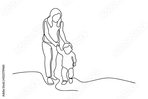 Mother and Toddler First Steps Line Art Drawing Illustration