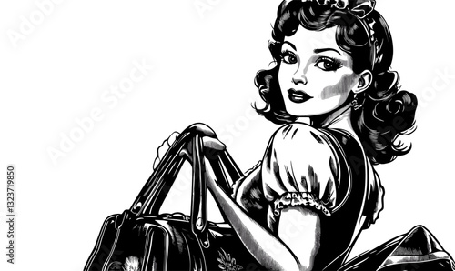 Retro woman holding bags in black and white art, flat style icons set, vector.