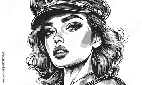 Female police officer portrait in hat - black and white linear icons set vector.