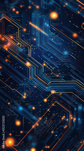 Abstract Circuit Board: A mesmerizing abstract view of a high-tech circuit board, electric circuit, with interconnected pathways glowing with vibrant light