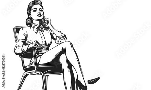 Confident woman sitting on chair - retro style figure in black and white - linear icons set, vector.