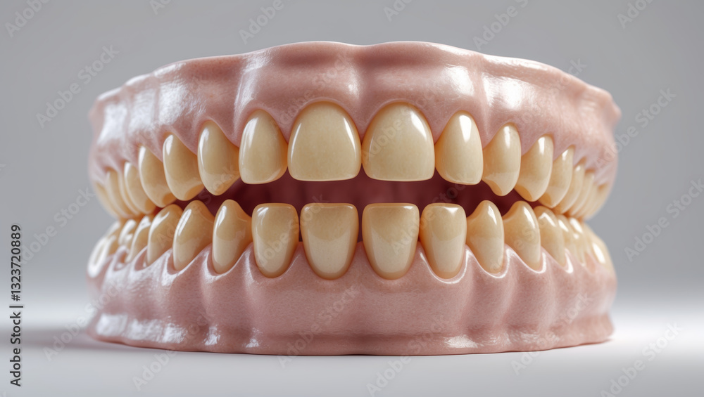 Obraz premium Complete set of dentures displayed in a studio setting showcasing the upper and lower teeth.