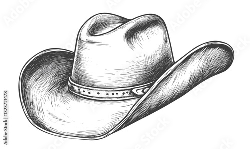 Cowboy hat sketch with detailed texture, hand-drawn vector, linear style icons set.