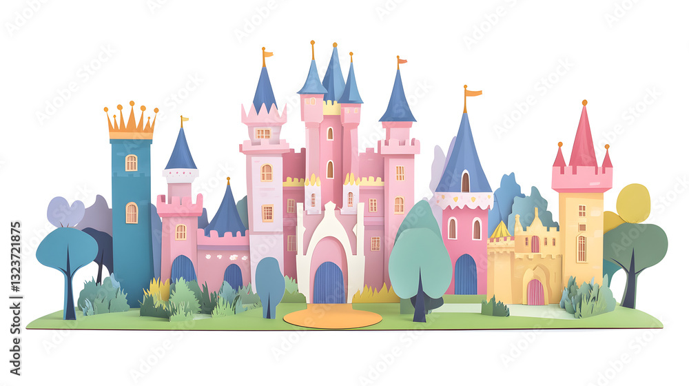 Obraz premium A cut-out of a school fairy tale play with castles, crowns, and enchanted forest icons on a white backgroundб fairy tale castle vector illustration
