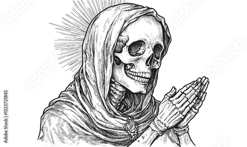 Praying skeleton in cloak with radiant halo vector, linear icons set.