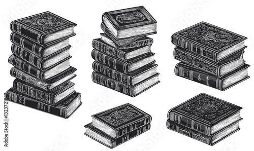 Stacked vintage books in intricate patterns, classic library icons set, vector style, linear.
