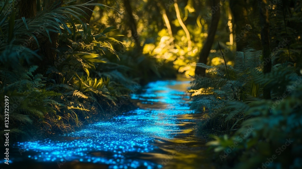Enchanted River: A Luminous Stream Through Verdant Forest, Shimmering with Bioluminescent Glow Enchanted River: A Luminous Stream Through Verdant Forest, Shimmering with Bioluminescent Glow