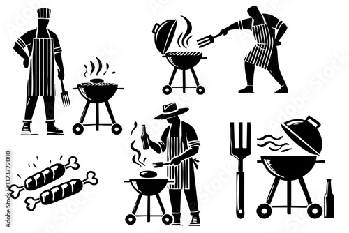 Black silhouette barbecuing scenes. BBQ vector set.