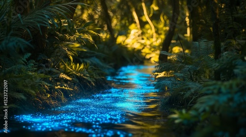 Enchanted River: A Luminous Stream Through Verdant Forest, Shimmering with Bioluminescent Glow