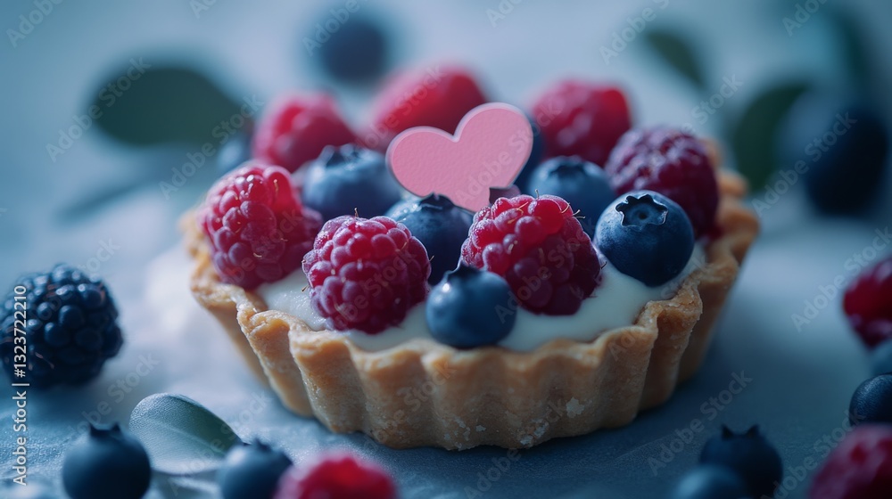 A delightful berry tart crowned with raspberries and blueberries sits elegantly with a decorative heart, promising a treat of sweetness and freshness.