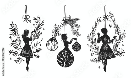 Festive ornaments with dancing fairies and leaves in black silhouette, flat icons set.