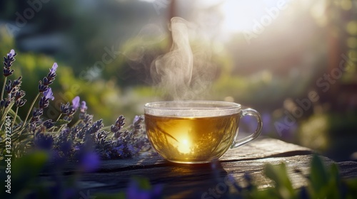 Steaming cup of herbal tea with lavender in a sunlit garden setting.