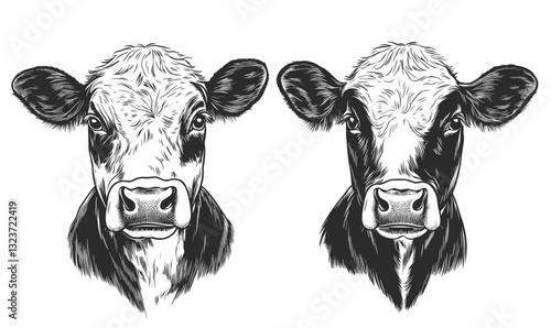 Cow faces icons set in linear style, vector illustration.