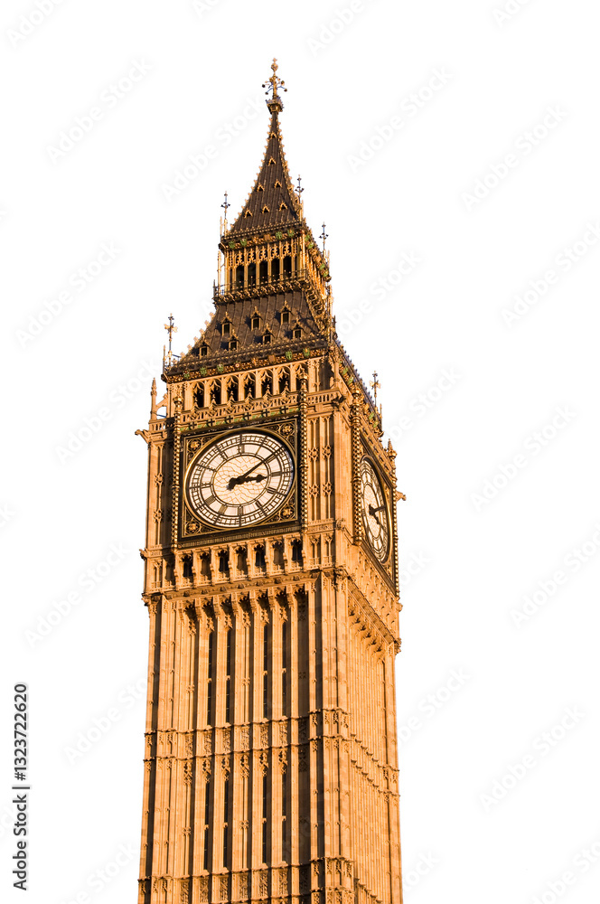 Close up photo of Big Ben in London, UK isolated on white or transparent background, png cut out