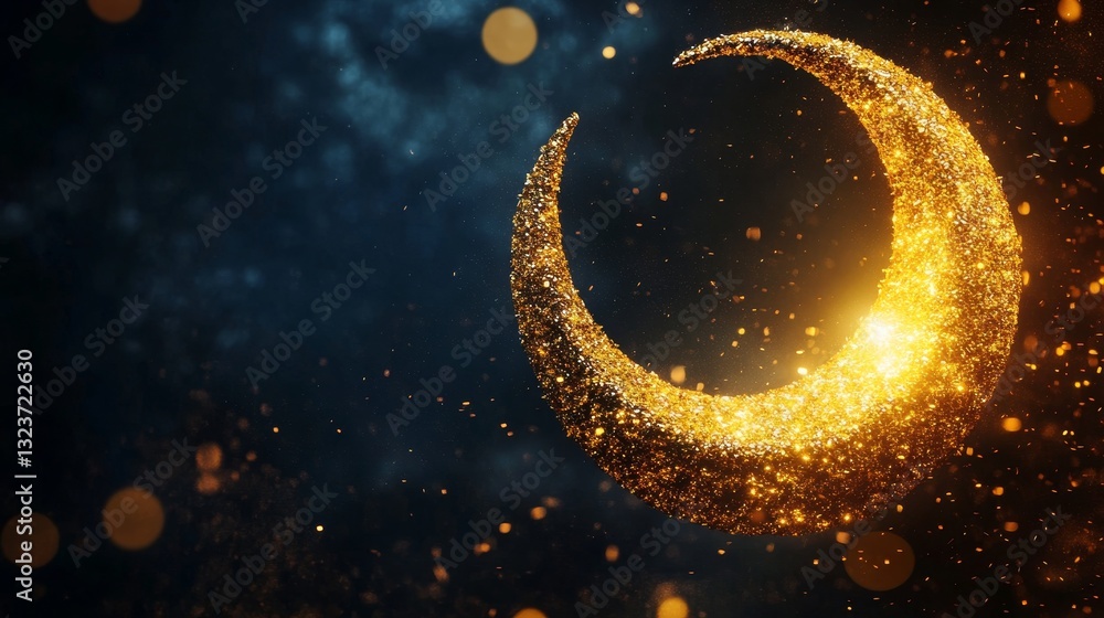 Fototapeta premium Golden Crescent Moon: A Symbol of Ramadan and Islamic Celebration under a mystical night sky with glittering particles and a sense of spiritual serenity.