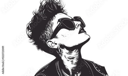 Stylish woman in sunglasses looking upward - linear style vector icons set.